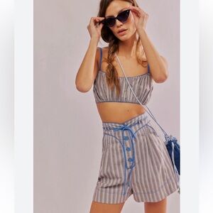 Free People Sunday Stroll Shorts XS Blue Trim Striped Boho Pull On